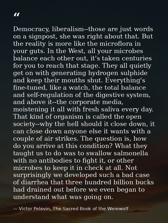 Democracy, liberalism--those are just words on a signpost, she was right about that. But the reality is more like the mi — Victor Pelevin, The Sacred Book of the Werewolf
