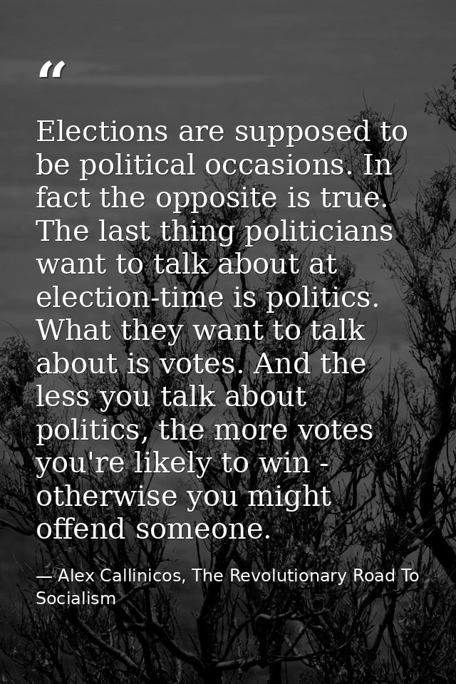 Elections are supposed to be political occasions. In fact the opposite is true. The last thing politicians want to talk  — Alex Callinicos, The Revolutionary Road To Socialism