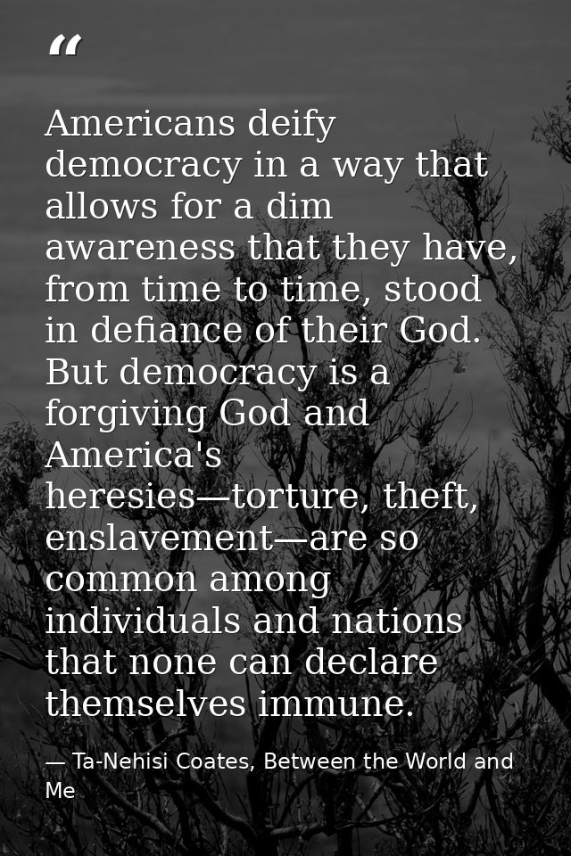 Americans deify democracy in a way that allows for a dim awareness that they have, from time to time, stood in defiance  — Ta-Nehisi Coates, Between the World and Me