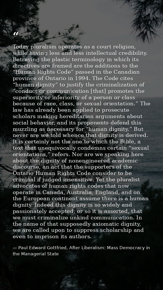 Today pluralism operates as a court religion, while having less and less intellectual credibility. Betraying the plastic — Paul Edward Gottfried, After Liberalism: Mass Democracy in the Managerial State