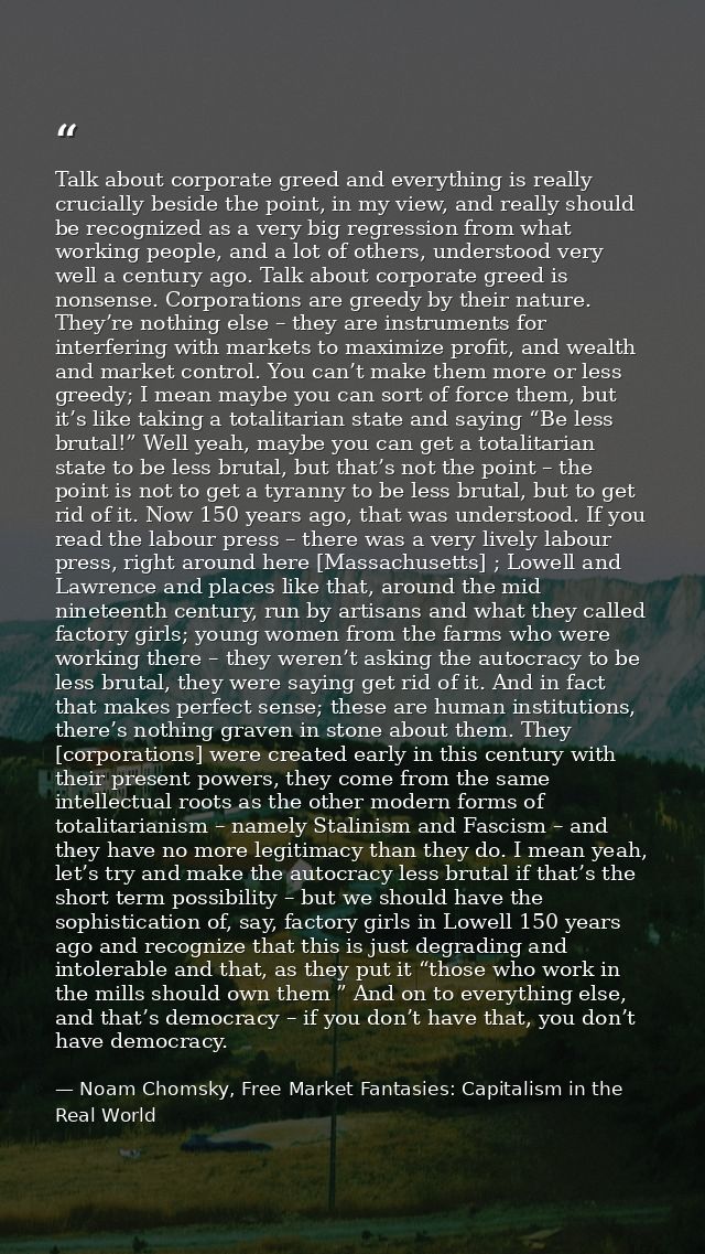Talk about corporate greed and everything is really crucially beside the point, in my view, and really should be recogni — Noam Chomsky, Free Market Fantasies: Capitalism in the Real World
