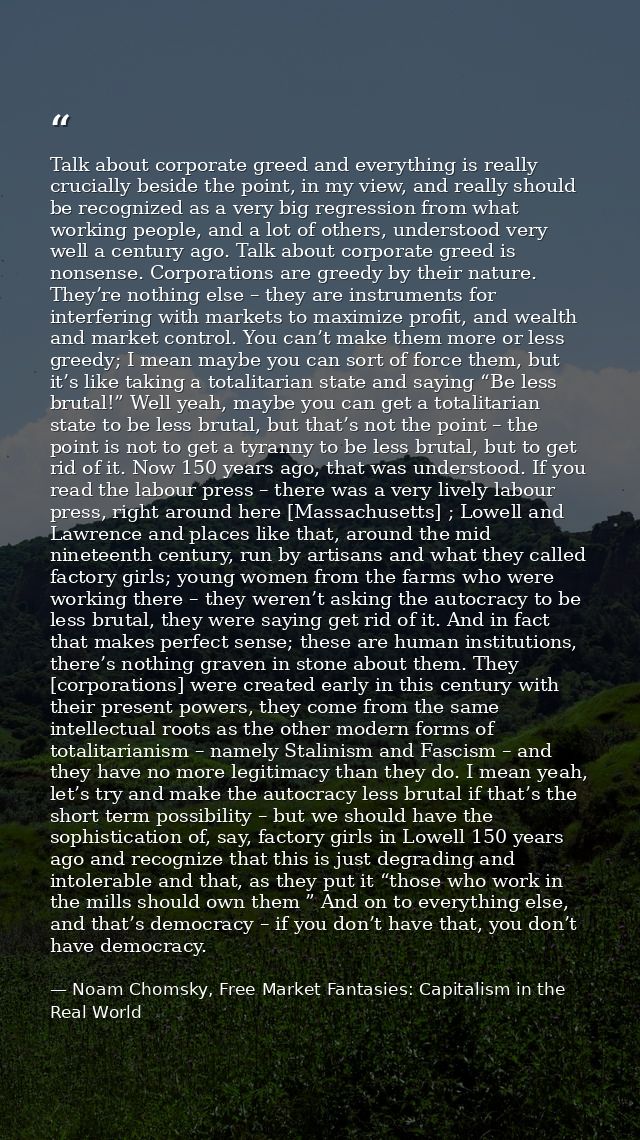 Talk about corporate greed and everything is really crucially beside the point, in my view, and really should be recogni — Noam Chomsky, Free Market Fantasies: Capitalism in the Real World