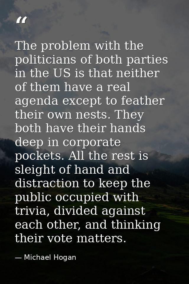 The problem with the politicians of both parties in the US is that neither of them have a real agenda except to feather  — Michael Hogan