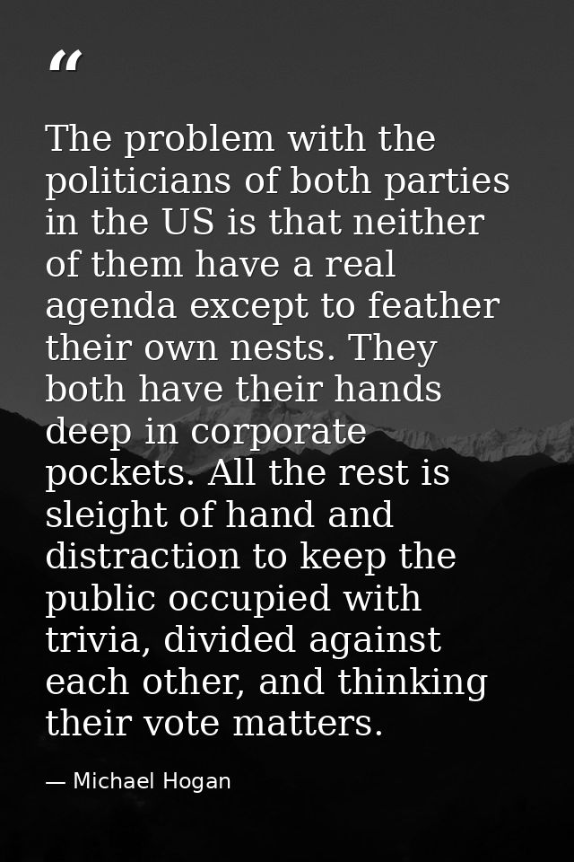The problem with the politicians of both parties in the US is that neither of them have a real agenda except to feather  — Michael Hogan