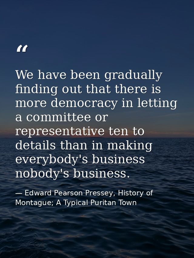 We have been gradually finding out that there is more democracy in letting a committee or representative ten to details  — Edward Pearson Pressey, History of Montague; A Typical Puritan Town