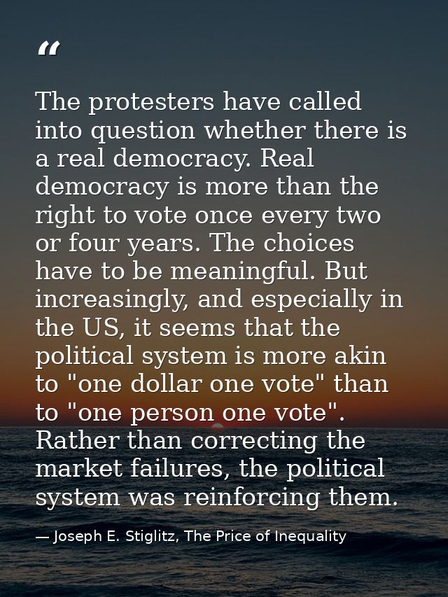 The protesters have called into question whether there is a real democracy. Real democracy is more than the right to vot — Joseph E. Stiglitz, The Price of Inequality