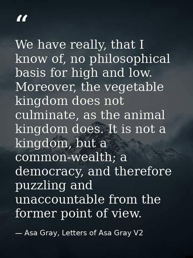 We have really, that I know of, no philosophical basis for high and low. Moreover, the vegetable kingdom does not culmin — Asa Gray, Letters of Asa Gray V2