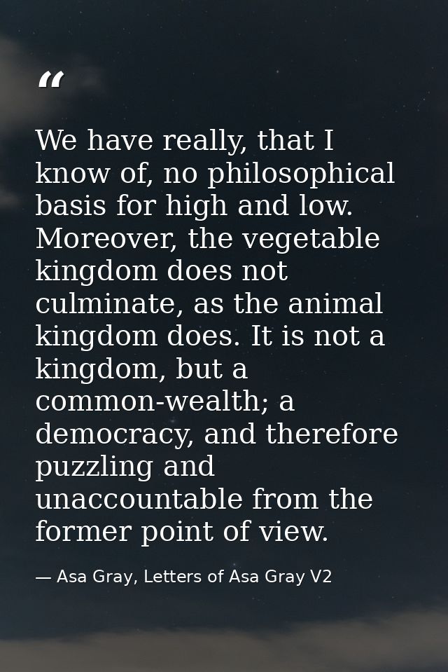 We have really, that I know of, no philosophical basis for high and low. Moreover, the vegetable kingdom does not culmin — Asa Gray, Letters of Asa Gray V2