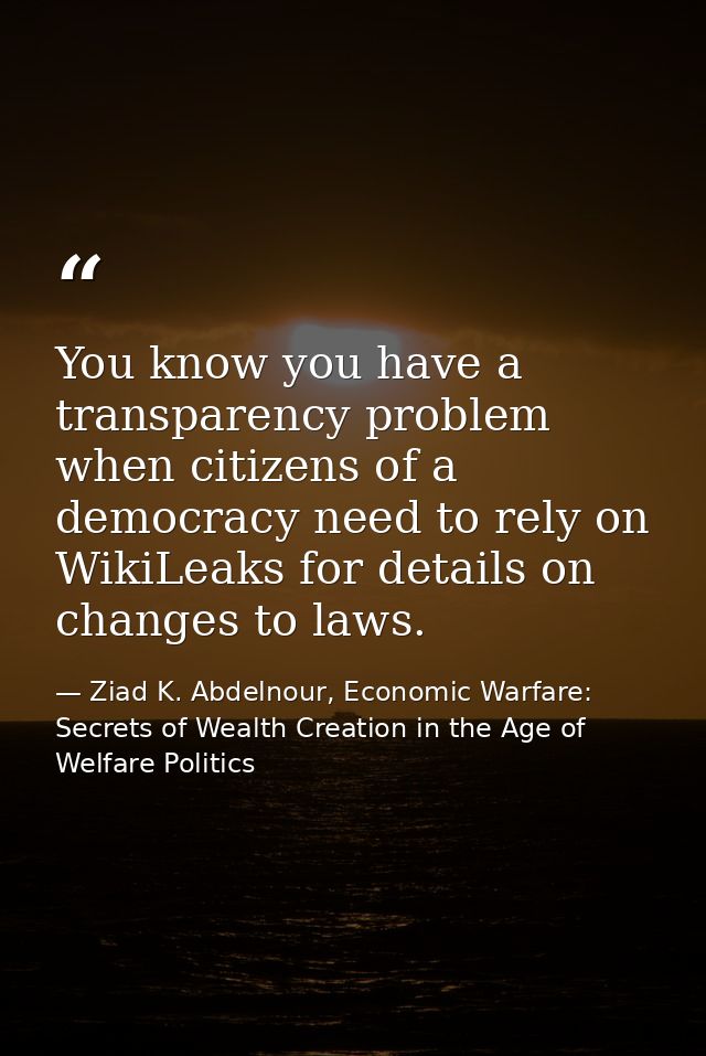 You know you have a transparency problem when citizens of a democracy need to rely on WikiLeaks for details on changes t — Ziad K. Abdelnour, Economic Warfare: Secrets of Wealth Creation in the Age of Welfare Politics