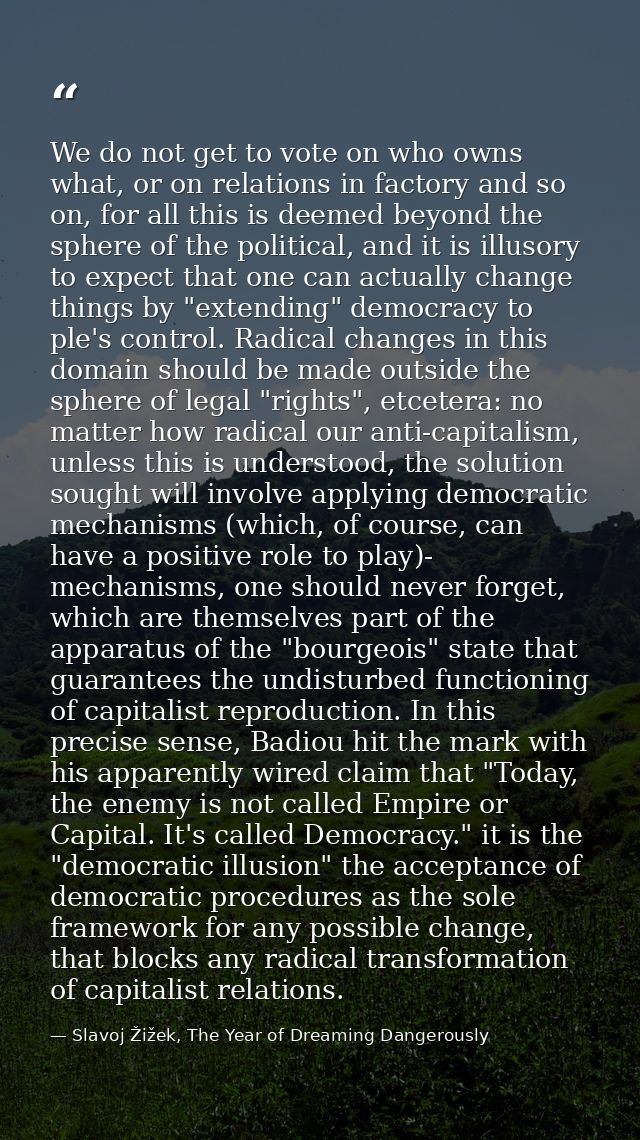 We do not get to vote on who owns what, or on relations in factory and so on, for all this is deemed beyond the sphere o — Slavoj Žižek, The Year of Dreaming Dangerously