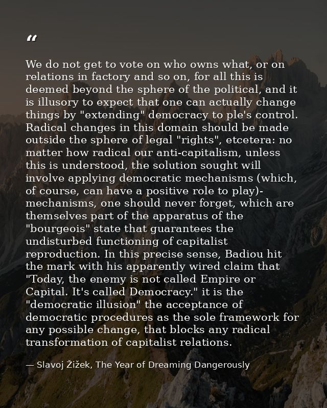 We do not get to vote on who owns what, or on relations in factory and so on, for all this is deemed beyond the sphere o — Slavoj Žižek, The Year of Dreaming Dangerously