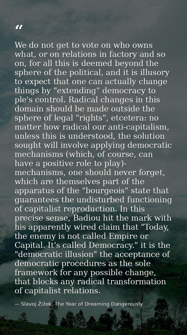 We do not get to vote on who owns what, or on relations in factory and so on, for all this is deemed beyond the sphere o — Slavoj Žižek, The Year of Dreaming Dangerously