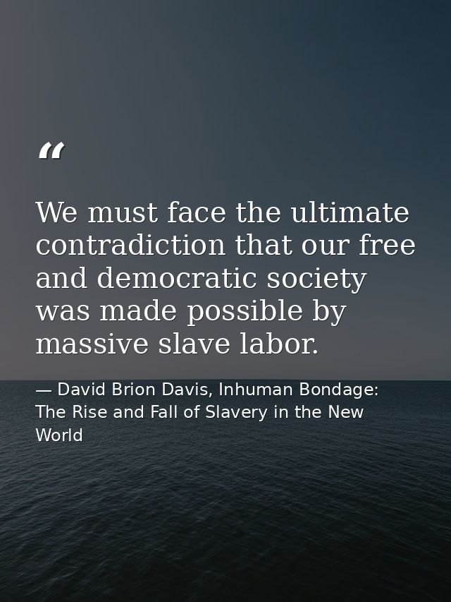 We must face the ultimate contradiction that our free and democratic society was made possible by massive slave labor. — David Brion Davis, Inhuman Bondage: The Rise and Fall of Slavery in the New World
