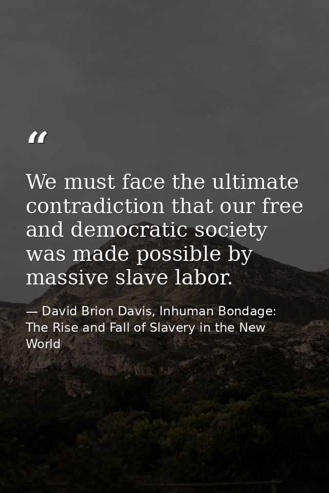 We must face the ultimate contradiction that our free and democratic society was made possible by massive slave labor. — David Brion Davis, Inhuman Bondage: The Rise and Fall of Slavery in the New World