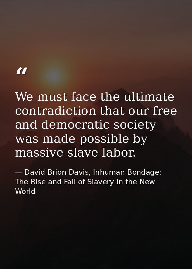 We must face the ultimate contradiction that our free and democratic society was made possible by massive slave labor. — David Brion Davis, Inhuman Bondage: The Rise and Fall of Slavery in the New World