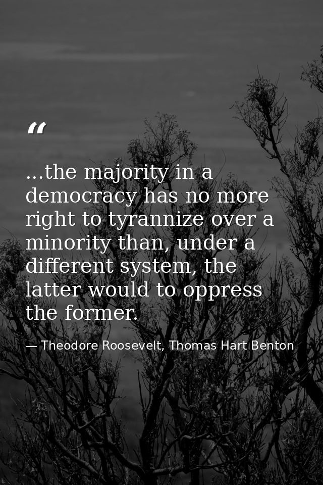 ...the majority in a democracy has no more right to tyrannize over a minority than, under a different system, the latter — Theodore Roosevelt, Thomas Hart Benton