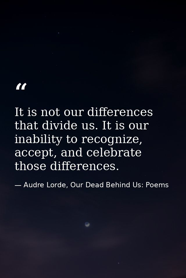 It is not our differences that divide us. It is our inability to recognize, accept, and celebrate those differences. — Audre Lorde, Our Dead Behind Us: Poems