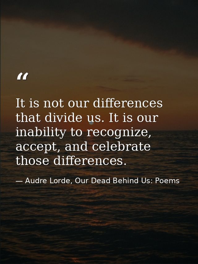 It is not our differences that divide us. It is our inability to recognize, accept, and celebrate those differences. — Audre Lorde, Our Dead Behind Us: Poems