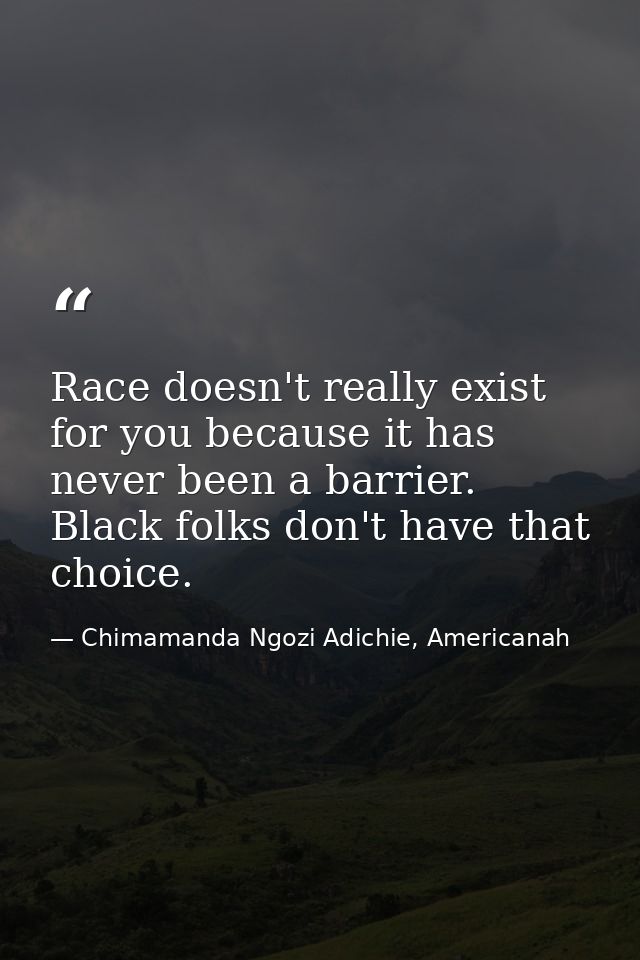 Race doesn't really exist for you because it has never been a barrier. Black folks don't have that choice. — Chimamanda Ngozi Adichie, Americanah