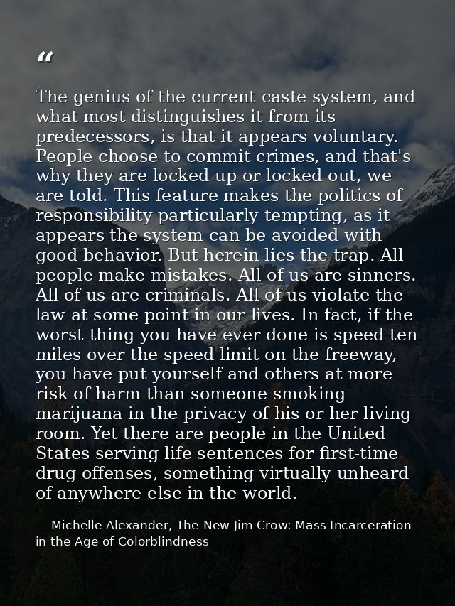 The genius of the current caste system, and what most distinguishes it from its predecessors, is that it appears volunta — Michelle Alexander, The New Jim Crow: Mass Incarceration in the Age of Colorblindness