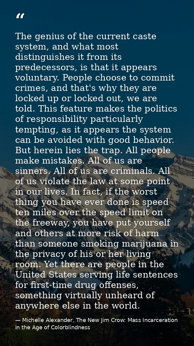 The genius of the current caste system, and what most distinguishes it from its predecessors, is that it appears volunta — Michelle Alexander, The New Jim Crow: Mass Incarceration in the Age of Colorblindness