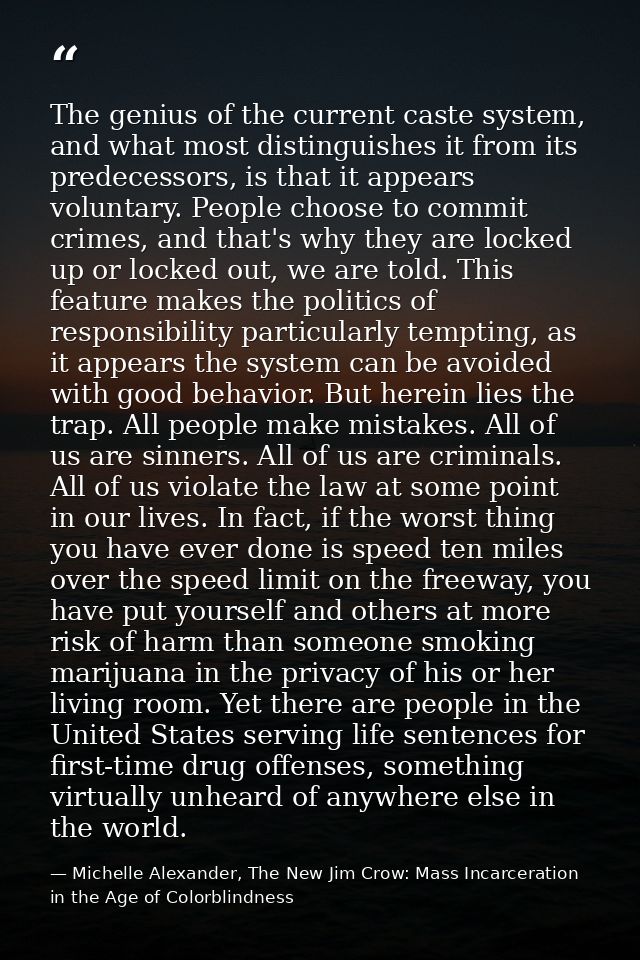 The genius of the current caste system, and what most distinguishes it from its predecessors, is that it appears volunta — Michelle Alexander, The New Jim Crow: Mass Incarceration in the Age of Colorblindness