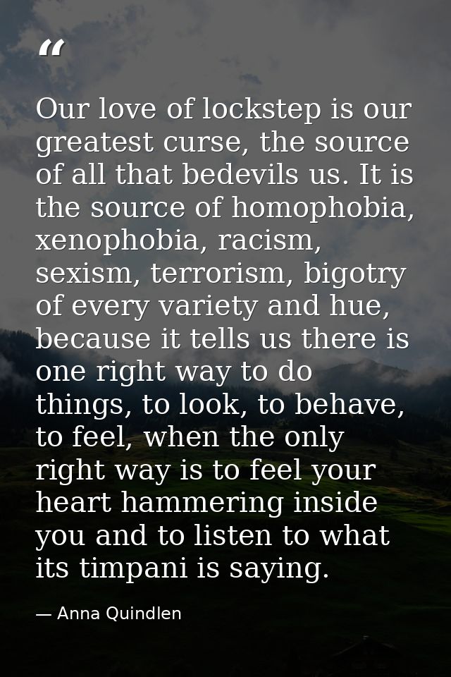 Our love of lockstep is our greatest curse, the source of all that bedevils us. It is the source of homophobia, xenophob — Anna Quindlen