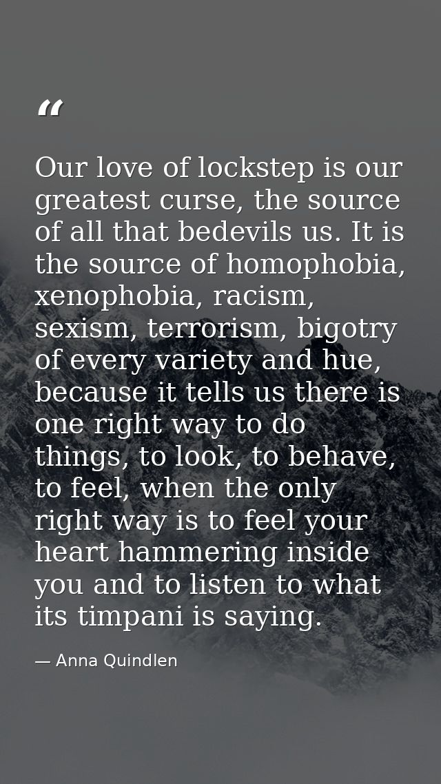 Our love of lockstep is our greatest curse, the source of all that bedevils us. It is the source of homophobia, xenophob — Anna Quindlen