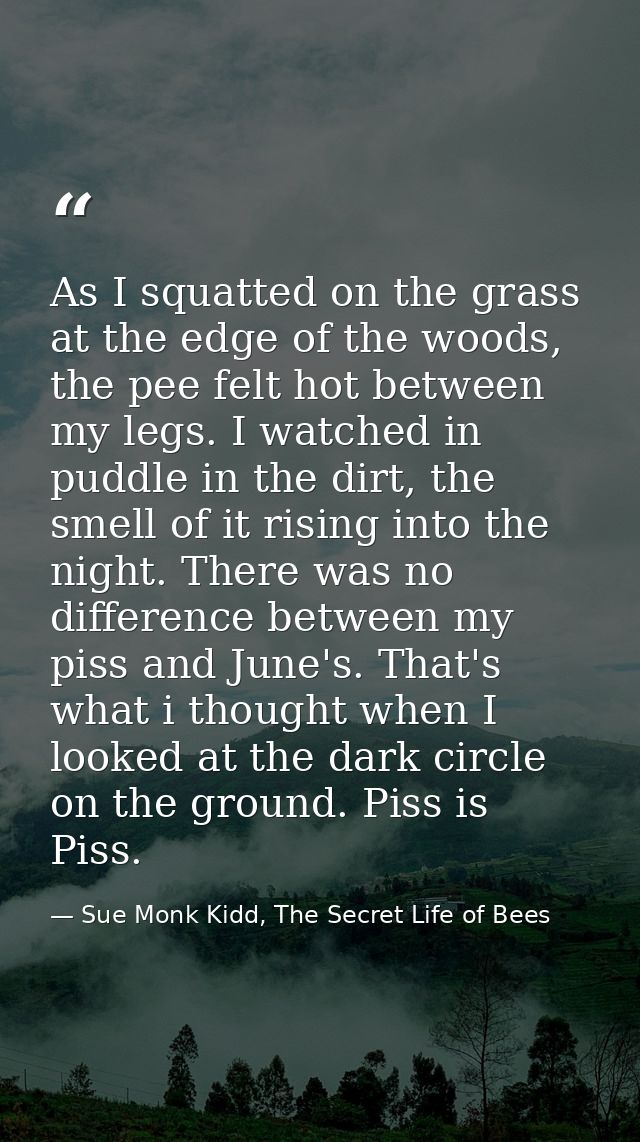 As I squatted on the grass at the edge of the woods, the pee felt hot between my legs. I watched in puddle in the dirt,  — Sue Monk Kidd, The Secret Life of Bees