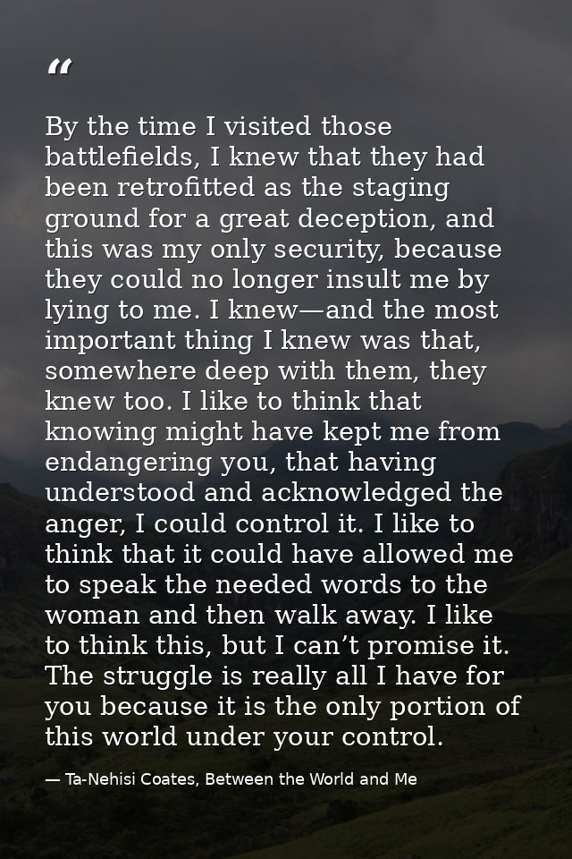 By the time I visited those battlefields, I knew that they had been retrofitted as the staging ground for a great decept — Ta-Nehisi Coates, Between the World and Me