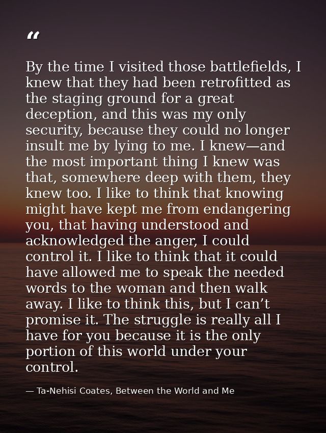 By the time I visited those battlefields, I knew that they had been retrofitted as the staging ground for a great decept — Ta-Nehisi Coates, Between the World and Me