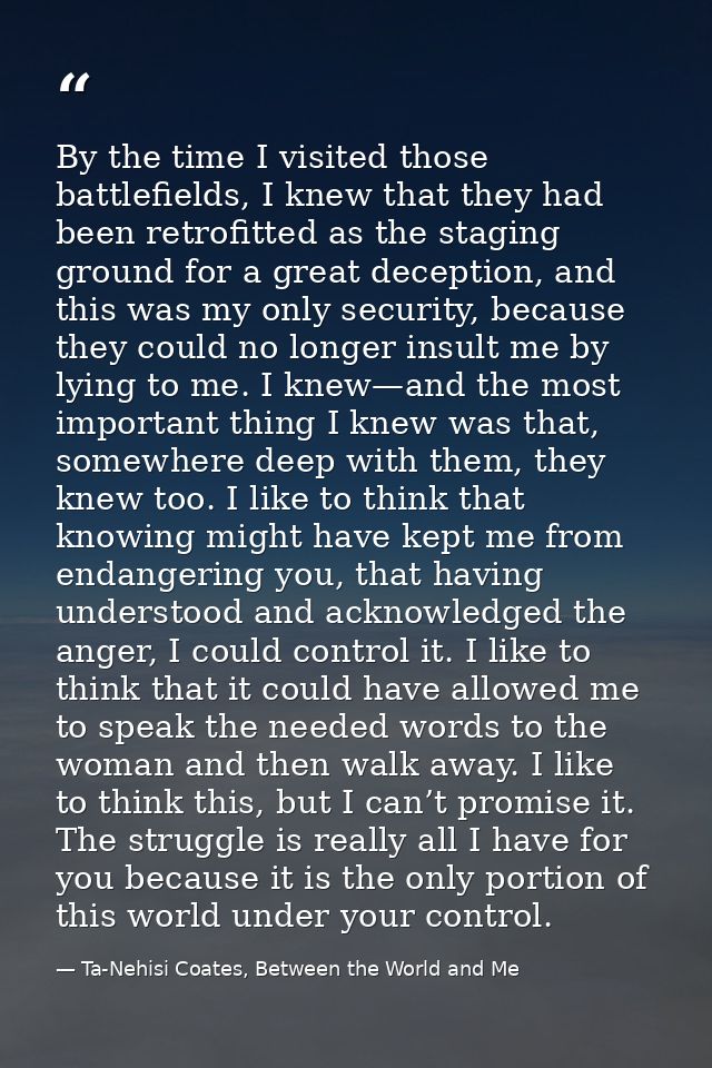 By the time I visited those battlefields, I knew that they had been retrofitted as the staging ground for a great decept — Ta-Nehisi Coates, Between the World and Me