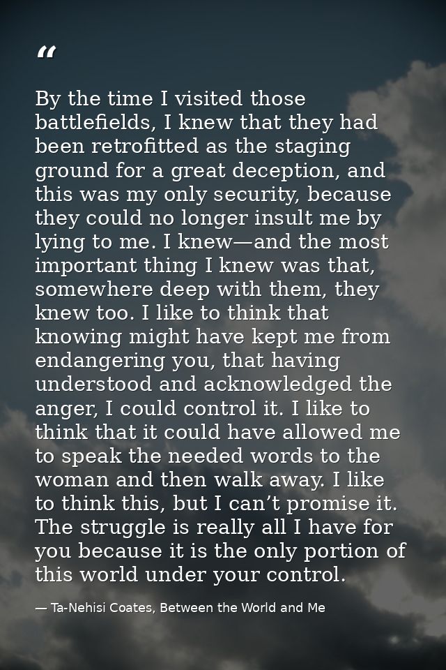 By the time I visited those battlefields, I knew that they had been retrofitted as the staging ground for a great decept — Ta-Nehisi Coates, Between the World and Me