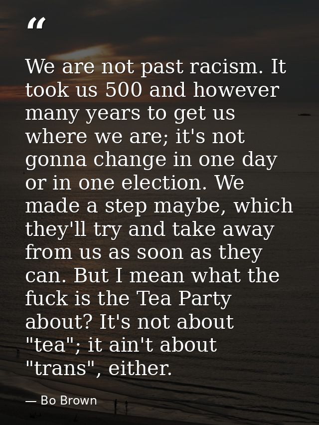 We are not past racism. It took us 500 and however many years to get us where we are; it's not gonna change in one day o — Bo Brown