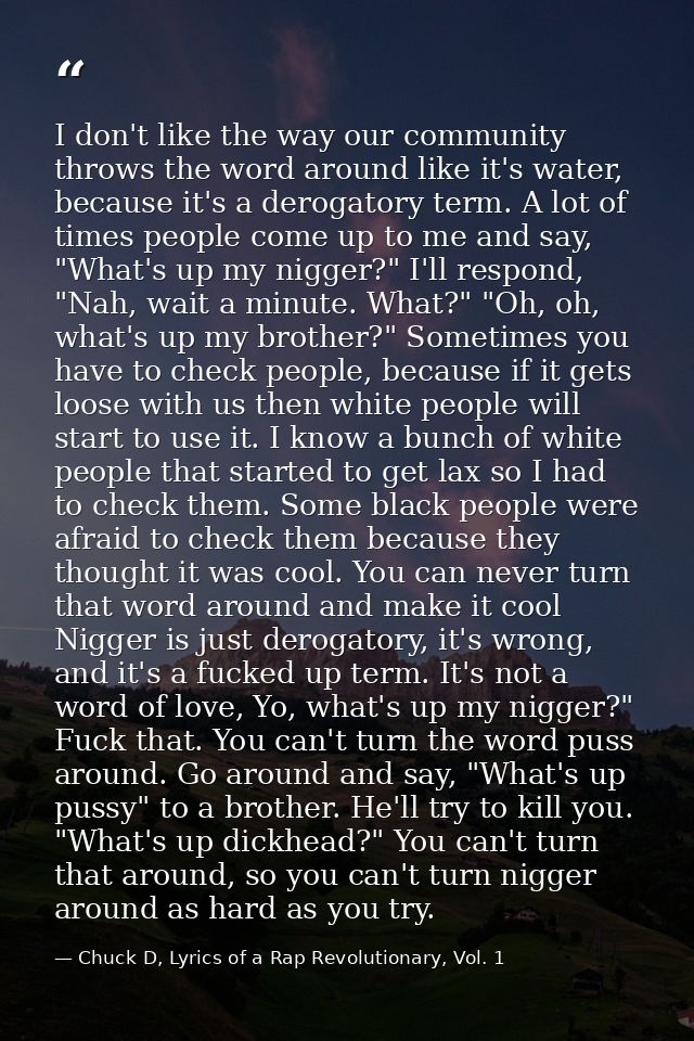 I don't like the way our community throws the word around like it's water, because it's a derogatory term. A lot of time — Chuck D, Lyrics of a Rap Revolutionary, Vol. 1
