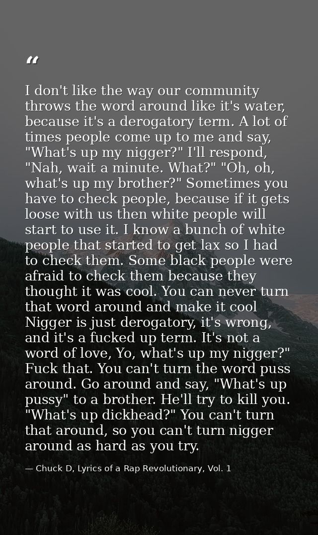 I don't like the way our community throws the word around like it's water, because it's a derogatory term. A lot of time — Chuck D, Lyrics of a Rap Revolutionary, Vol. 1