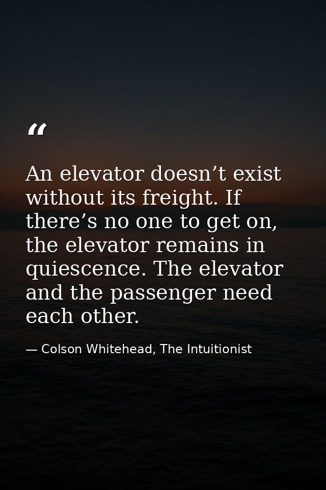 An elevator doesn’t exist without its freight. If there’s no one to get on, the elevator remains in quiescence. The elev — Colson Whitehead, The Intuitionist