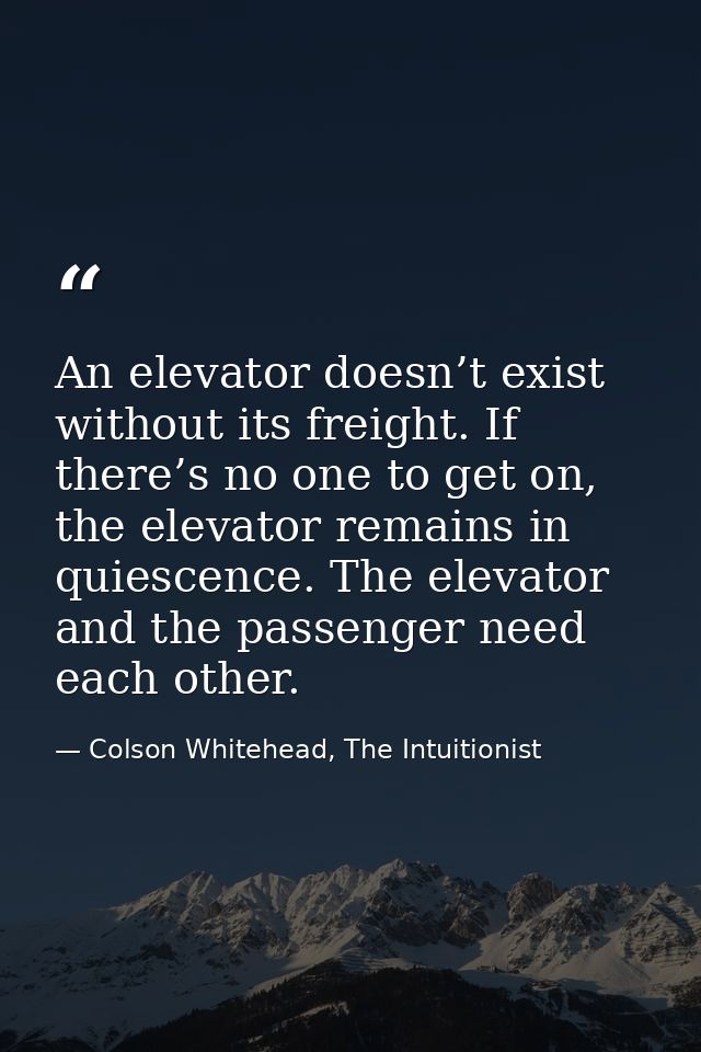 An elevator doesn’t exist without its freight. If there’s no one to get on, the elevator remains in quiescence. The elev — Colson Whitehead, The Intuitionist
