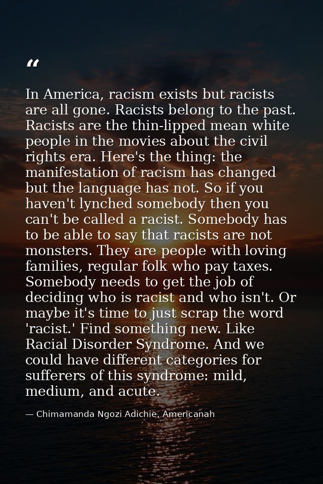 In America, racism exists but racists are all gone. Racists belong to the past. Racists are the thin-lipped mean white p — Chimamanda Ngozi Adichie, Americanah