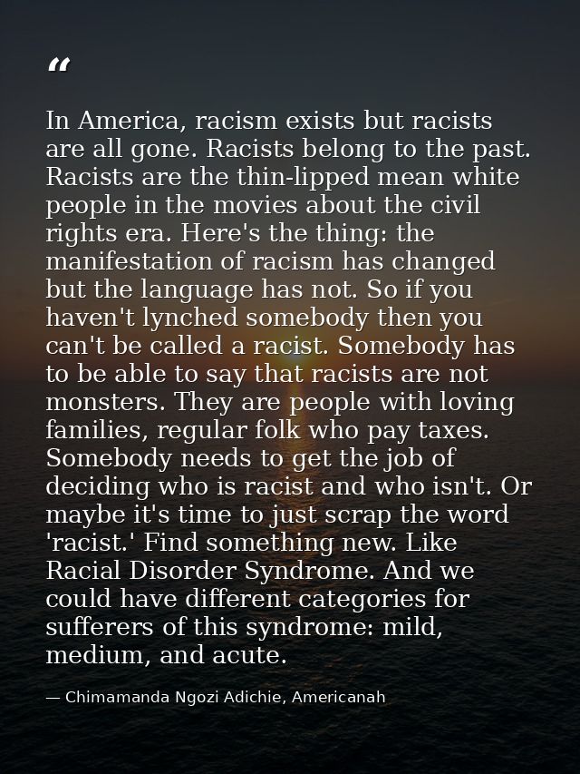 In America, racism exists but racists are all gone. Racists belong to the past. Racists are the thin-lipped mean white p — Chimamanda Ngozi Adichie, Americanah