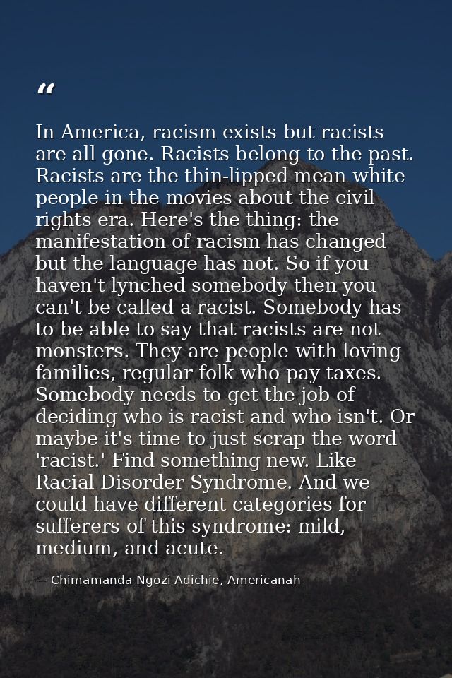 In America, racism exists but racists are all gone. Racists belong to the past. Racists are the thin-lipped mean white p — Chimamanda Ngozi Adichie, Americanah