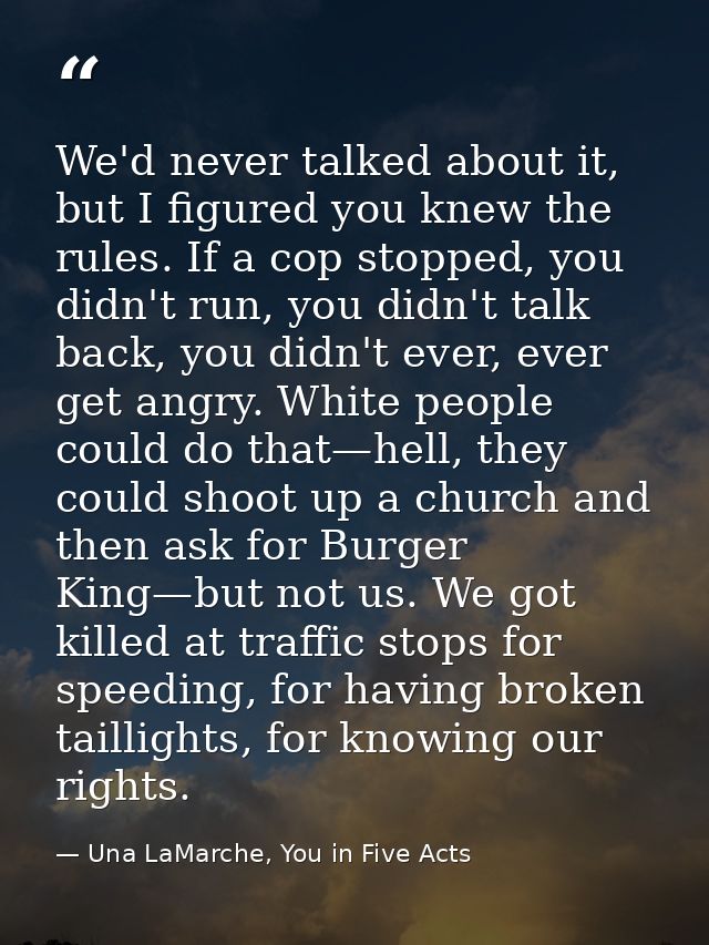 We'd never talked about it, but I figured you knew the rules. If a cop stopped, you didn't run, you didn't talk back, yo — Una LaMarche, You in Five Acts