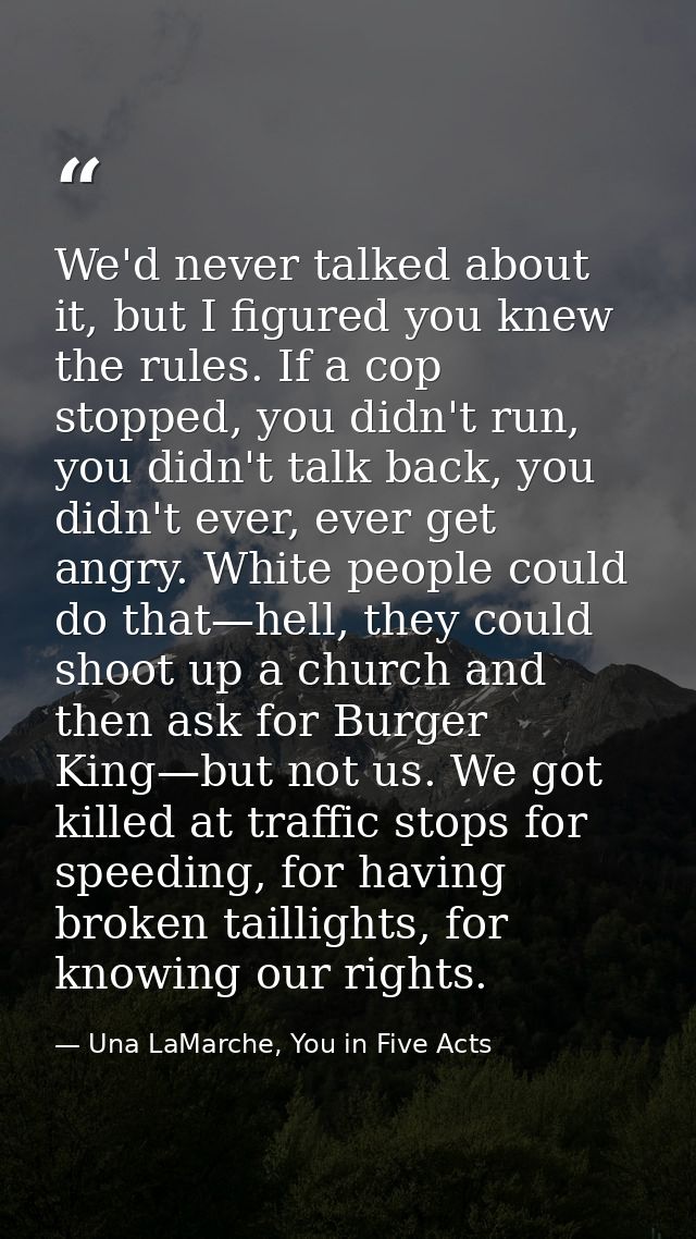 We'd never talked about it, but I figured you knew the rules. If a cop stopped, you didn't run, you didn't talk back, yo — Una LaMarche, You in Five Acts