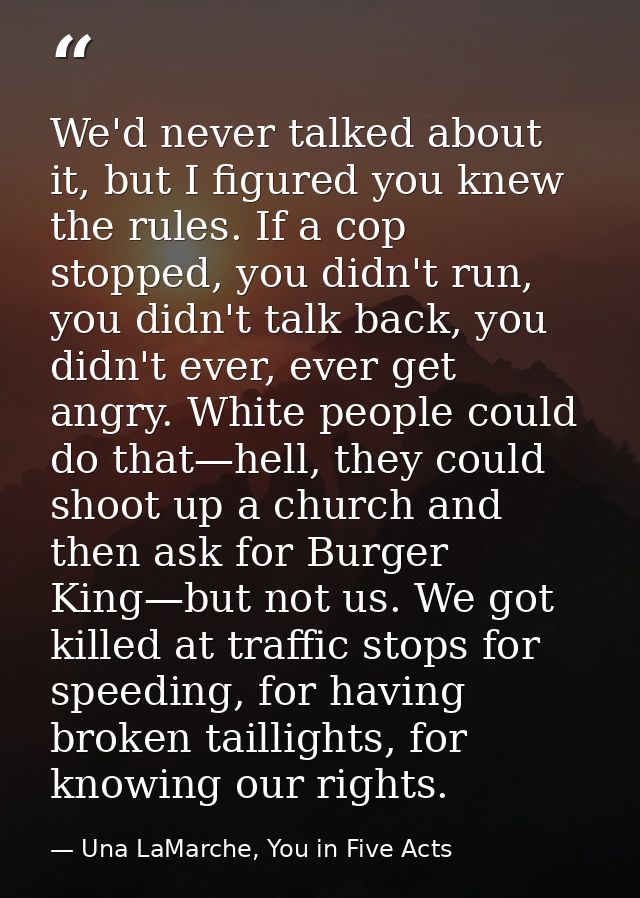 We'd never talked about it, but I figured you knew the rules. If a cop stopped, you didn't run, you didn't talk back, yo — Una LaMarche, You in Five Acts
