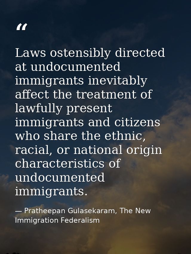 Laws ostensibly directed at undocumented immigrants inevitably affect the treatment of lawfully present immigrants and c — Pratheepan Gulasekaram, The New Immigration Federalism