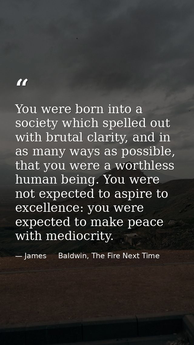 You were born into a society which spelled out with brutal clarity, and in as many ways as possible, that you were a wor — James     Baldwin, The Fire Next Time