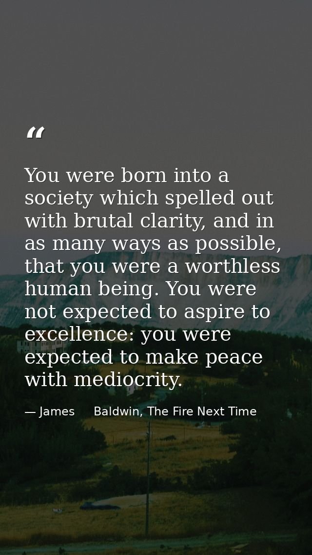 You were born into a society which spelled out with brutal clarity, and in as many ways as possible, that you were a wor — James     Baldwin, The Fire Next Time