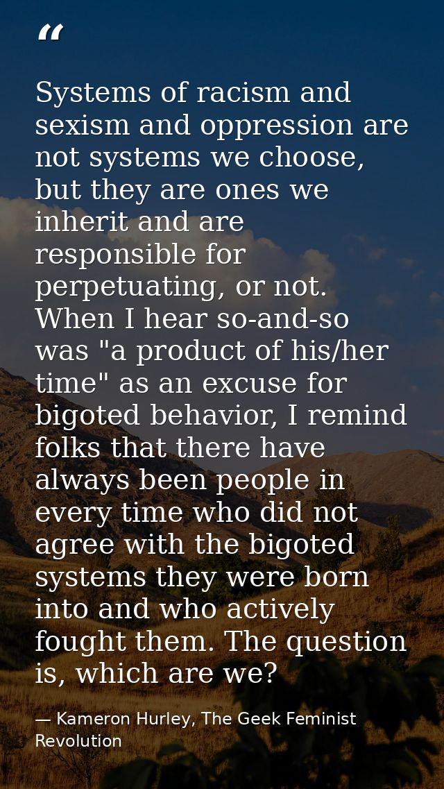 Systems of racism and sexism and oppression are not systems we choose, but they are ones we inherit and are responsible  — Kameron Hurley, The Geek Feminist Revolution