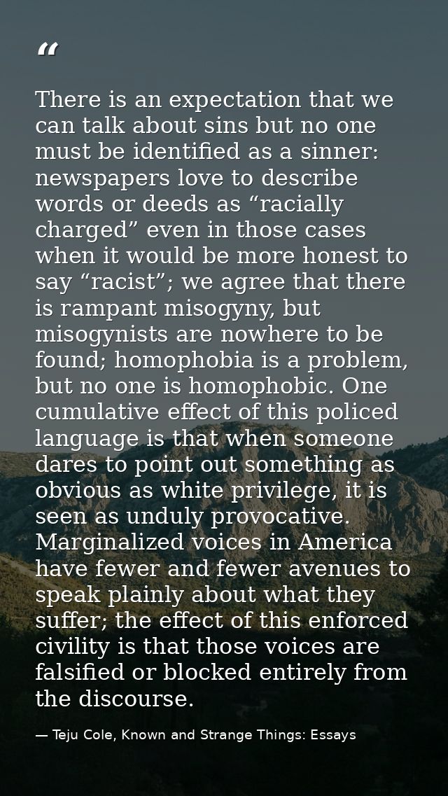 There is an expectation that we can talk about sins but no one must be identified as a sinner: newspapers love to descri — Teju Cole, Known and Strange Things: Essays