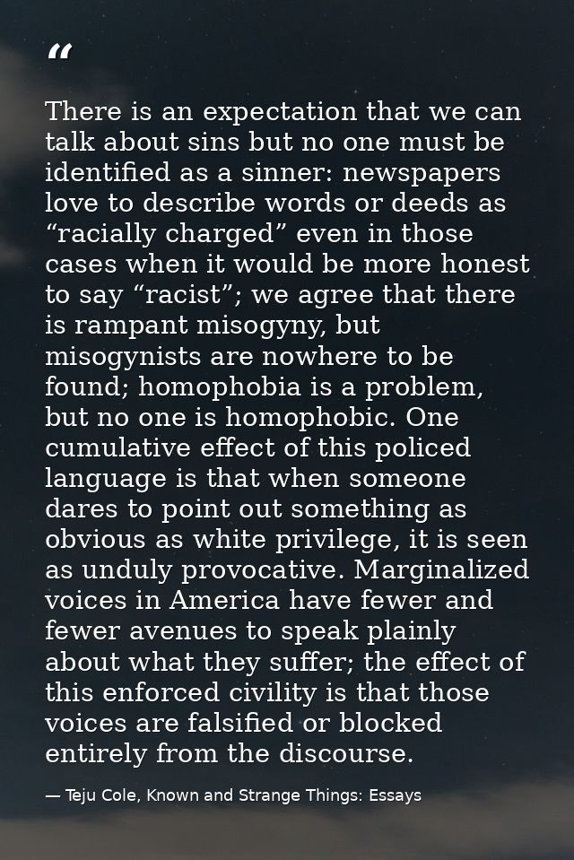 There is an expectation that we can talk about sins but no one must be identified as a sinner: newspapers love to descri — Teju Cole, Known and Strange Things: Essays